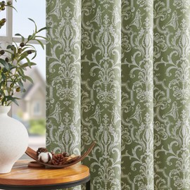jinchan Curtains for Bedroom, Room Darkening Curtains 96 Inch Length 2 Panels Set, Baroque Style Linen Textured Drapes for Living Room, Vintage Damask Window Treatments, Grommet Top Green
