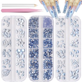 Light Blue Crystals Nail Rhinestones, Blue Round Beads Flatback Glass Gems Stones Multi Shapes Sizes Rhinestones Gems Crystals for Nail DIY Crafts Clothes Shoes Jewelry