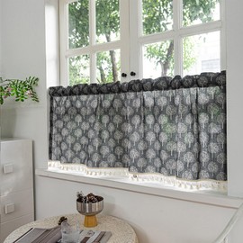 NSXIN Net Curtain, Semi-Transparent Bistro Curtain, Flowers, Kitchen Curtains, Country House Style Curtains, Tassel Curtains, Short for Small Windows, Kitchen, Living Room (Lucky Tree, 150 m x 61 cm)