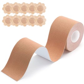 Cinta para Pechos y 10 Piezas de Pezón sin Respaldo de Pétalos, Cinta Adhesiva para Levantamiento de Senos, Cinta de Pechos Cinta de Sujetador, Boob Tape para Copa A-E Pecho Grande (5CM*5M, Nude)