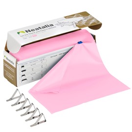 Neatalia 54 Inch X 120 Feet Pink Plastic Table Cover Roll | Disposable Pink Plastic Table Cloth Roll with Slide-Cutter - Great for Parties and Banquets Disposable Tablecloth Rolls | 6 Cover Clips