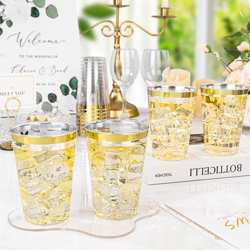 BESTVIP 12oz Gold Plastic Cups, 100 Pack Gold Rimmed Disposable