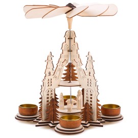 Brubaker Christmas Pyramid Cathedral 29 cm - Mary, Joseph and Jesus - 2 Levels - Tea Light Pyramid with 4 Metal Tea Light Holders - Natural Wood - Carved Figures