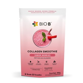 BIO B | Smoothie Berry Colágeno con Ácido Hialurónico | Polvo para preparar bebidas 180g con Colágeno Hidrolizado | Ayuda a la Elasticidad de la Piel | Sabor Berry | Sin Azúcar, Sin Lácteos, Sin Gluten | Rinde 22 porciones