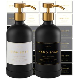 Hand and Dish Soap Dispenser for Kitchen and Bathroom, Set of 2 16 Oz Glass Bottles, Stainless Steel Pumps, Non-Slip Silicone Base, 27 Waterproof Labels (Matte Black Bottle/Brushed Gold Pump)
