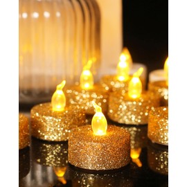 ONEIHOMM Gold Flameless Tealight Candles with Timer,Glitter Battery Operated Tea Lights for Event, Christmas Decorations,Anniversary,Wedding, Built-in 6 Hours,12 Pack