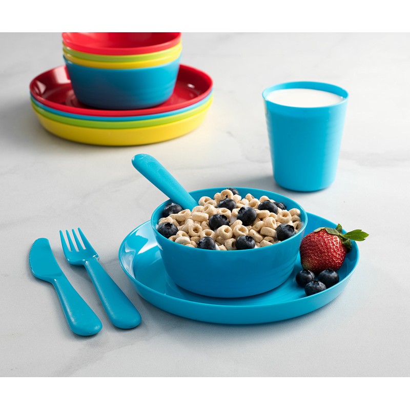 Plaskidy Kids Dinnerware Set for 4-24 Piece Plastic Childrens Dishes