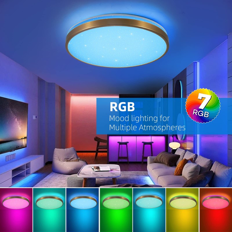 HOREVO RGB Flush Mount Light Fixture with Bluetooth Speaker, 24W