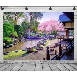 Loccor 6x4ft Fabric Japanese Garden Backdrop Courtyard Blooming Cherry Blossom Pond Old Japan Garden Panoramic Scenery Background for Home Japanese Wall Decor Photo Props