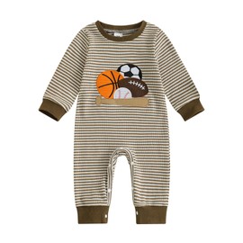 Newborn Baby Fall Clothes Boys Girls Striped Romper Waffle Knit Long Sleeve Embroidery One Piece Footless Jumpsuit (C-Coffee, 0-3 Months)