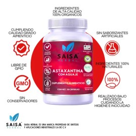 Astaxantina 12 mg con Aguaje | 30 Cápsulas | Antioxidante Potente, Salud de la Piel y Hormonal | Suplemento Natural Saisa Herbal
