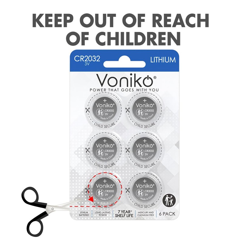 Voniko CR2032 3V Lithium Batteries 6 Pack for Child Safety,