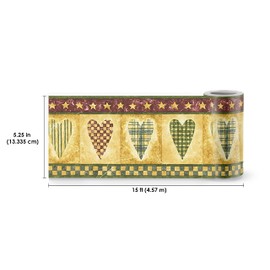 CONCORD WALLCOVERINGS ™ Wallpaper Border Vintage Pattern Checkered Striped Hearts Stars for Kid's Room Playroom Cottage Farmhouse, Brown Green Red, 15 ft by 5.25 in NC76769