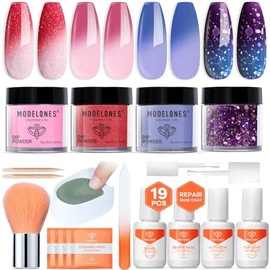 Color Changing Dip Powder Nail Kit Starter, 4 Colors Pink Red Glitter Blue Mood Temperature Change Dip Nail Kit Liquid Set with Base Top Coat Activator for Nail Art DIY Salon Holiday Gift