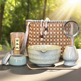 Matcha Whisk Set Portable, 7 Pcs Matcha Making Kit with Handmade Rattan Bag, Ceramic Matcha Bowl with Spout, Tea Powder Jar, Bamboo Whisk, Holder, Scoop, Stainless Steel Sifter, Matcha Starter Kit