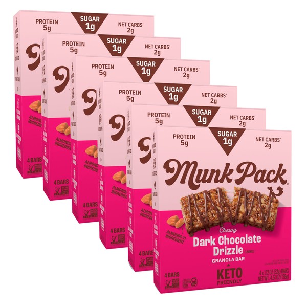 Munk Pack Chewy Granola Bar, Dark Chocolate Drizzle | 1g Sugar, 5g Protein, Low Carb & Keto | Gluten Free, Grain Free, Plant Based, Zero Added Sugar | Breakfast & Snack Bars | 24 Count