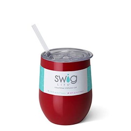 Swig Life Stainless Steel Triple-Insulated 12oz Stemless Wine Cup with BPA Free Slide-Closure Lid and Reusable Straw in Crimson