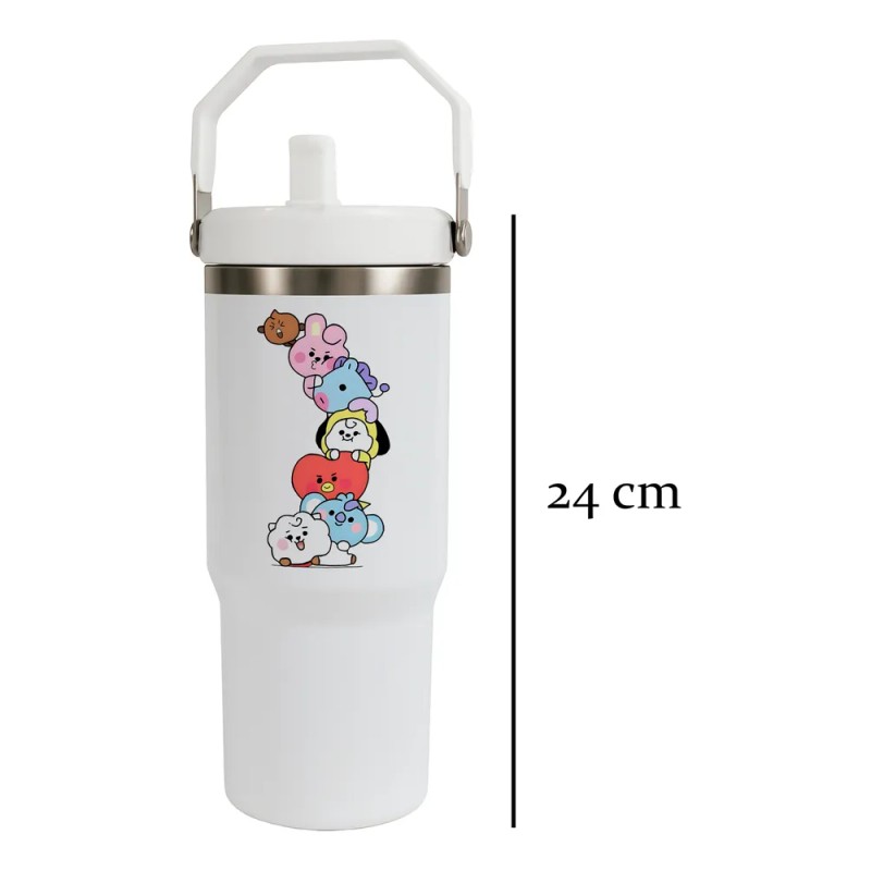 Termo Alto Acero Inoxidable Bts Peluches Kpop 900 Ml Blanco