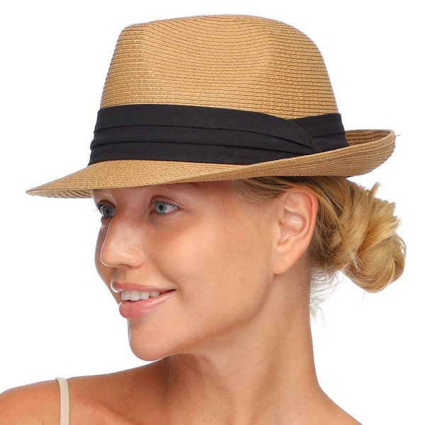 FURTALK Fedora Straw Sun Hat for Men Women Foldable Roll Up Short Brim Trilby Hat Panama Beach Hat UPF 50+ (Khaki, Medium)