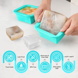 WENQING Silicone Freezer Tray with Lid 2 Pack Silicone Freezer Molds Ice Cube Tray Makes 2 Perfect 2 Cup Portions Soup Cubes Meal Prep Containers - Oven & Dishwasher Safe