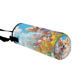 HUGS IDEA Floral Corgi Water Bottle Pouch for Women Cute Dog Water Bottle Carrier with Detachable Strap Washable Polyester Waterbottle Holder for Outdoor Travel
