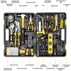 TLGREEN 218 Piece Tool Kit, Tool Set Mechanics Kit, Portable Tool Box Set with Saw Adjustable Wrench Drive Socket Combination Wrench, with Plastic Toolbox, for Home Apartment Garage (Yellow)