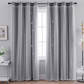 Anytime 2 Panels Star Blackout Curtains for Girls Kids Baby Bedroom Window Curtain Double Layer Star Cut Out Living Room Decor Wall Home Decorations Curtain（W52 x L84,Grey）
