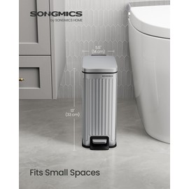 SONGMICS Bathroom Trash Can, 1.6-Gallon (6 L) Trash Bin with Lid, Slim for Small Spaces, Stainless Steel Garbage Can, Soft Close, Silver ULTB563E01