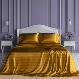 SLEEP SANCTUARY Satin Sheets Full Size – 4 Piece Luxury Silky Bed Set, Softer Than Silk, 15" Deep Pocket, Cooling & Wrinkle-Free, Moisture-Wicking & Breathable for Hair & Skin (Striped Gold)