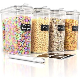Simply Gourmet Airtight Cereal Containers with Lids – 4 Piece Tall Kitchen Pantry Organization Set, BPA-Free Clear Plastic, Pour Spout Lids for Breakfast Cereal, Rice, Flour, Sugar, Snacks