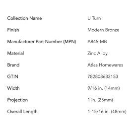 Atlas Homewares A845-MB U Turn 1-1/4" (C-C) Cabinet Pull Handle In Modern Bronze