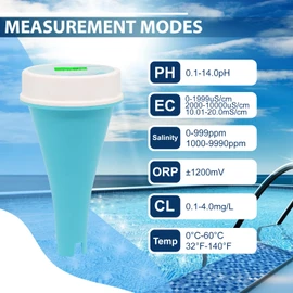 6 in 1 Water Tester with Bluetooth & Data Storage Swimming Pool Water Quality Meter for Chlorine, PH, EC (Conductivity), ORP, Salinity & Temperature, Includes Smart App for Pool, Hydroponics