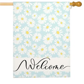 Mugod Blue Daisy Flower House Flag 28 x 40 Vertical Double Sided, Floral Pattern Welcome Farmhouse Holiday Outside Decorations Large Burlap Yard Flag