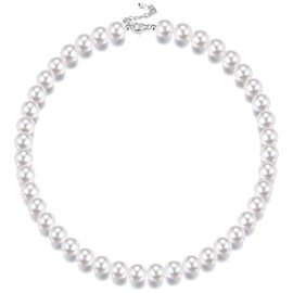 Krfy Sterling Silver Pearl Necklace Round White Simulated Shell Pearl Necklace for Women Men Choker Necklace for Girls Boys 8/10/12 mm, Sterling Silver, Pearl, simulated