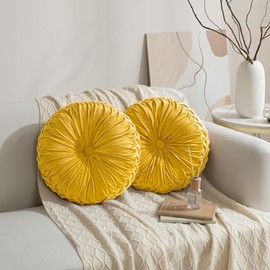 Hig Juego Almohadas Decorativas Redondas Plisadas Terciopelo Amarillo