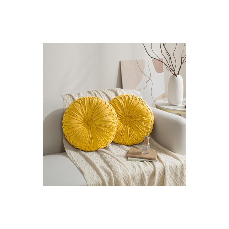 Hig Juego Almohadas Decorativas Redondas Plisadas Terciopelo Amarillo