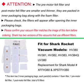 Dttery 3 Pack for Shark Rocket DuoClean HV380 HV380C HV380W HV381 HV381C HV382 HV382BRN HV383 HV384Q Filter Kit, 6 Pre-Filters (3 Foam+3 Felt) and 3 Post-Filters Replacement Part XFFH380 XPSTFH380