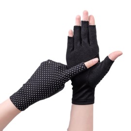 Bawnhaw Cotton UV-Sun-Protection Fingerless Driving-Gloves for Women Men Polka-Dots Mesh Nonslip Black for Outdoor Cycling