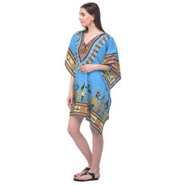 Oussum African Dashiki Caftan Tunic Tops Kimono Dress Summer Evening Plus Size Kaftan Cover-Up for Women, Blue Dashiki Tunic Dress, One Size Plus