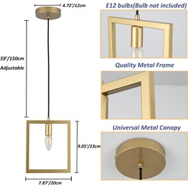 Gisisee Gold Pendant Light,Industrial Small Chandelier 9 Inch/1 Light/E12, Adjustable Height Modern Square Hanging Light for Kitchen Island,Living Room,Bedroom,Hallway