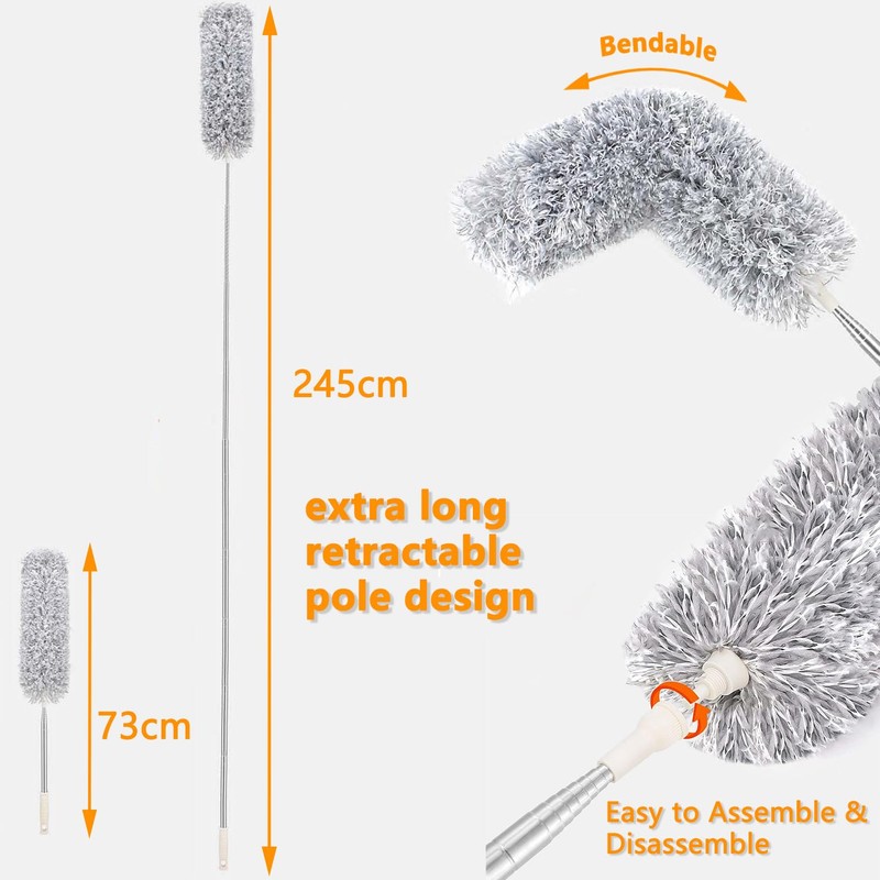 Feather Duster,Dusters For Cleaning Extendable,With30-240cm Pole Telescopic Cobweb Brush Grey4Pcs