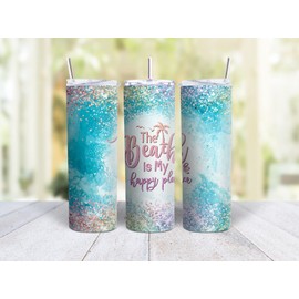MRC Wood Products 20oz Skinny Tumbler The Beach Is My Happy Place - Stainless Steel Double Wall Insulated Cup With Lid And Straw