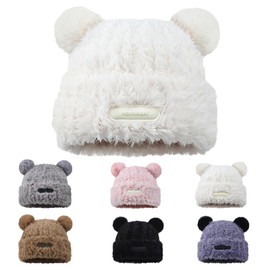 Cute Fuzzy Bear Ear Beanie Hat for Women Skin-Friendly Plush Warm Woolen Hat Winter Faux Fur Animal Knitted Hat Cap (White)