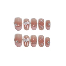 TENPAL French Tip Press on Nails Short Oval,Blush Pink Checkered Fake Nails with Hand-Painted 3D Pearl Bows,Ballerina Sweet False Nails Reusable Full Manicure Kit 10pcs Ballerina Sweet Nails(M)