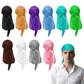 10 Pieces Silky Durags Long Tail for Women Men Satin Durag Wave Headwraps Wide Straps (CA/US, Alpha, Medium, Large, Brown, black, champagne, grey, white, green, cyan, pink, sky blue, purple)