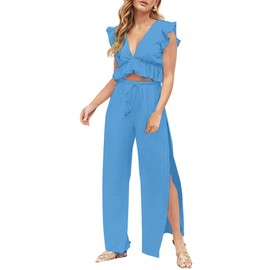 FANCYINN Womens 2 Pieces Outfits Deep V Neck Crop Top Side Slit Drawstring Wide Leg Pants Set Jumpsuits Sky Blue L