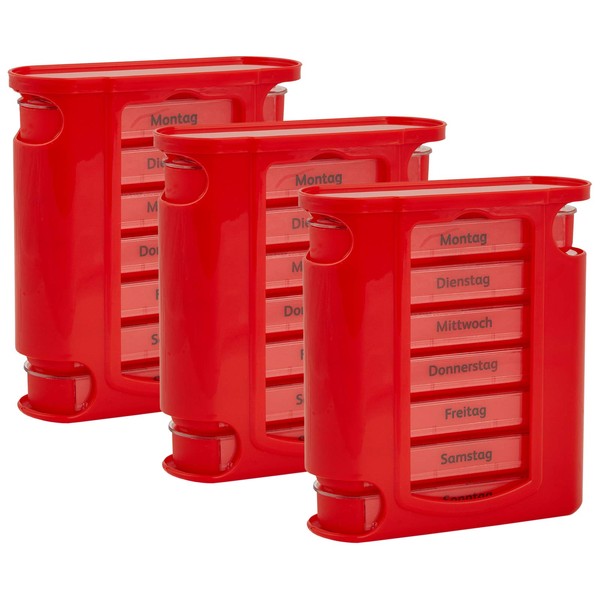3 x Wellgro pill box for 7 days - 4 compartments per day - 11.5 x 4.5 x 13 cm (W x D x H) - choice of colours, colour: red