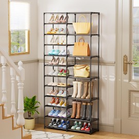 Ekisemio 12 Tier Stackable Shoe Rack, Expandable Adjustable Shoe Organizer, Large Capacity Shoe Boot Storage Shelf 34-48 Pairs, Wire Grid, Black