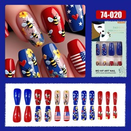 Medium Coffin Press on Nails Red Blue Fake Nails with USA Flag Designs Spring Flower Bee False Nails Star Heart Patriotic Acrylic Nails Independence Day Nails 4th of July Stick on Nails for Women
