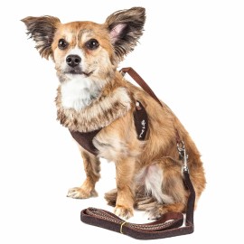 2-in-1 Adjustable Cotton Dog Harness and Leash with Quick Release Removable Fur Collar Luxurious Mesh Reversed XS Pet HarnessSize: Medium, Color: Brown1